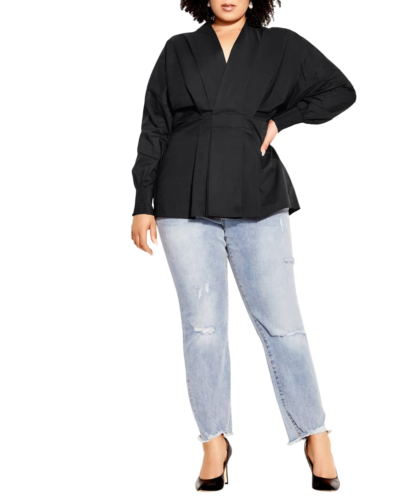 Front of a model wearing a size S Kiara Sophisticated Shirt in Black by City Chic. | dia_product_style_image_id:320548